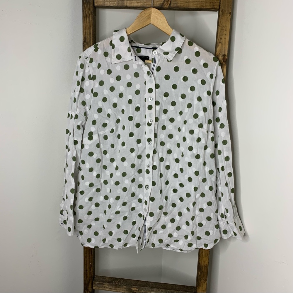 Talbots White and Green Polka Dot Shirt Size 1XL
